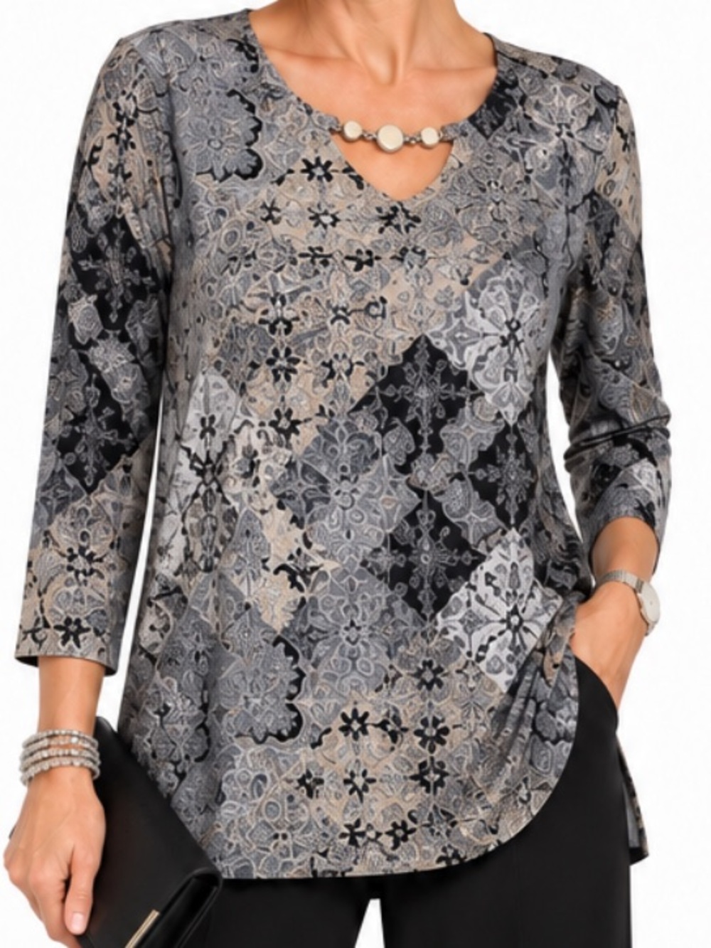 Susan Graver Gray of Medallion Print 3/4 Sleeve Tunic TO Black SZ LG EUC